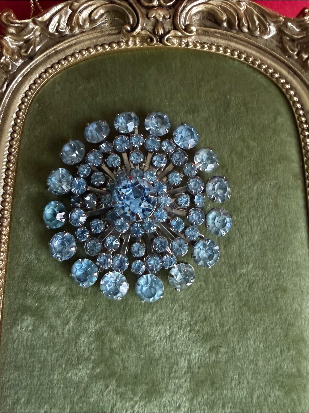 Vtg 50s Blue Rhinestone Starburst Brooch Pin Tiered Atomic MCM Costume